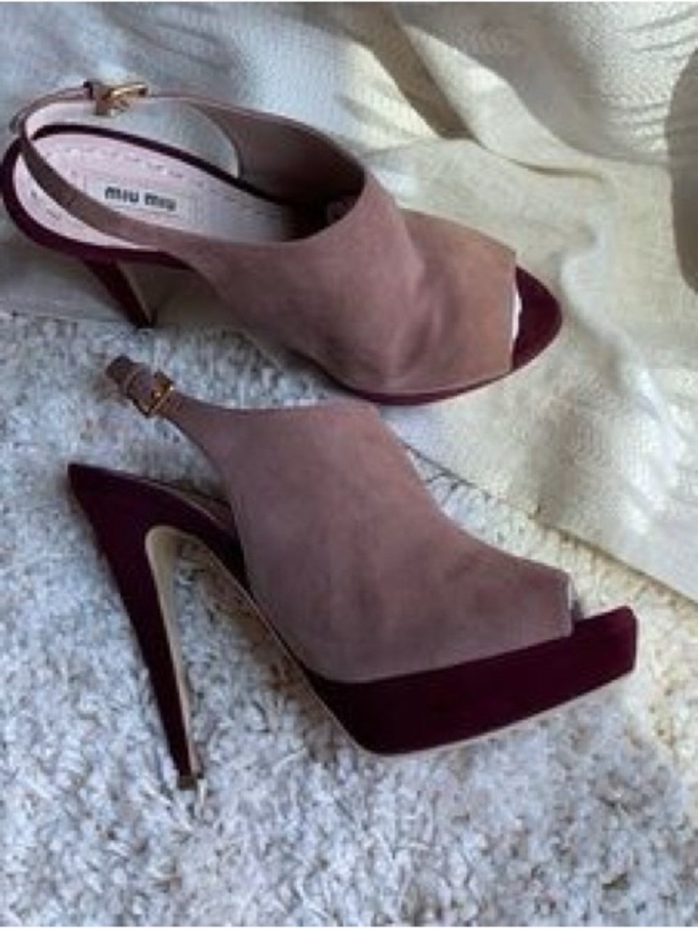 Miu Miu Two-Tone Suede Peep-Toe Slingback Heels in Mauve and Burgundy size 7.5